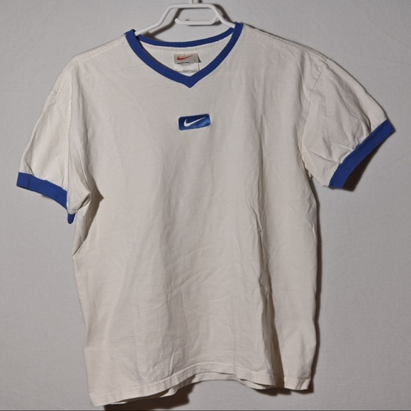 Vintage Nike 90s tee shirt white v-neck blue trim - Picture 1 of 3